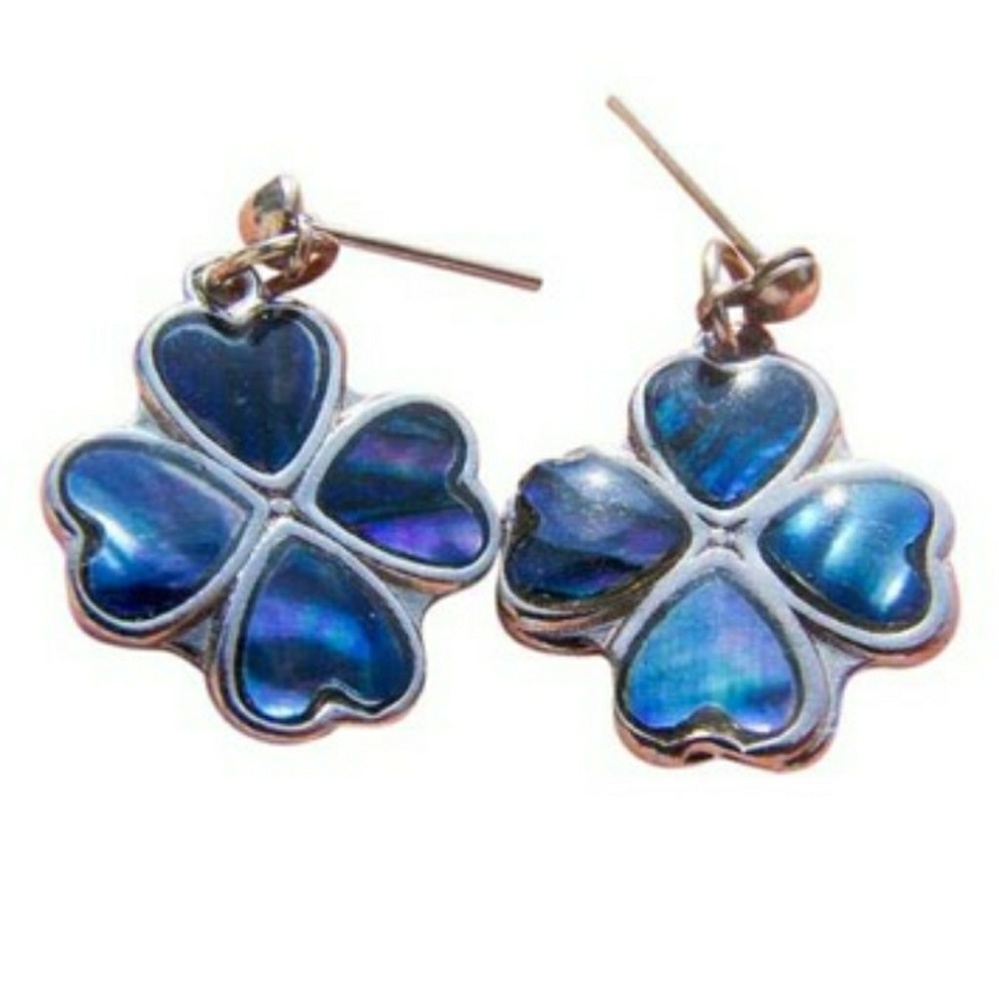 VINTAGE Blue Enameled Abalone Shell Flower Stud Earrings